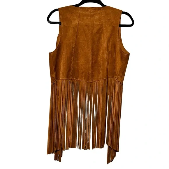 TCEC Faux Suede Brown Tan Fringe Western Festival Sleeveless Open Front Vest - Picture 4 of 6